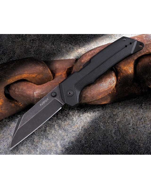 Karve folding knife AUS-10A steel blackwash finish Atlas Lock Black G10 handle Seax style blade Karve folding knife AUS-10A steel blackwash finish Atlas Lock Black G10 handle Seax style blade