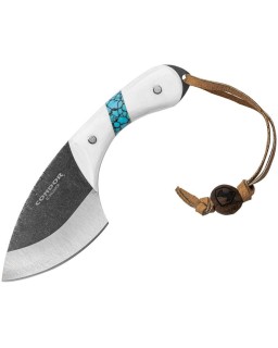 Blue River Skinner 440C steel White micarta and turquoise handle brown leather sheath
