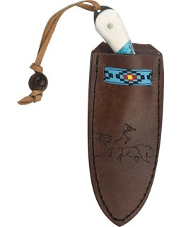 Blue River Skinner 440C steel White micarta and turquoise handle brown leather sheath
