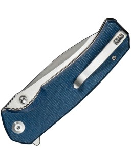 Skarnax folding knife 9Cr18MoV steel satin finish blade Linerlock blue canva micarta handle