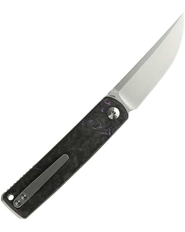Bushido M390 premium steel blade satin finish dark matter purple FATCARBON scales handle front flipper Bushido M390 premium steel blade satin finish dark matter purple FATCARBON scales handle front flipper