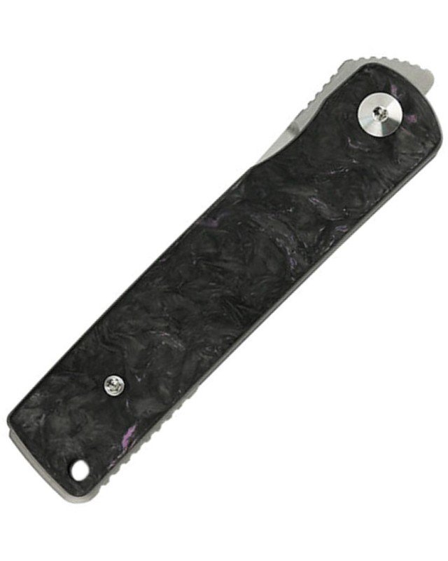 Bushido M390 premium steel blade satin finish dark matter purple FATCARBON scales handle front flipper Bushido M390 premium steel blade satin finish dark matter purple FATCARBON scales handle front flipper
