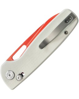 Bluff Axis Lock 14C28N steel blade Red Cerakote finish White G10 handle