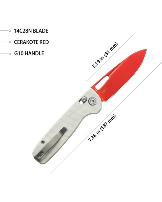 Bluff Axis Lock 14C28N steel blade Red Cerakote finish White G10 handle Bluff Axis Lock 14C28N steel blade Red Cerakote finish White G10 handle