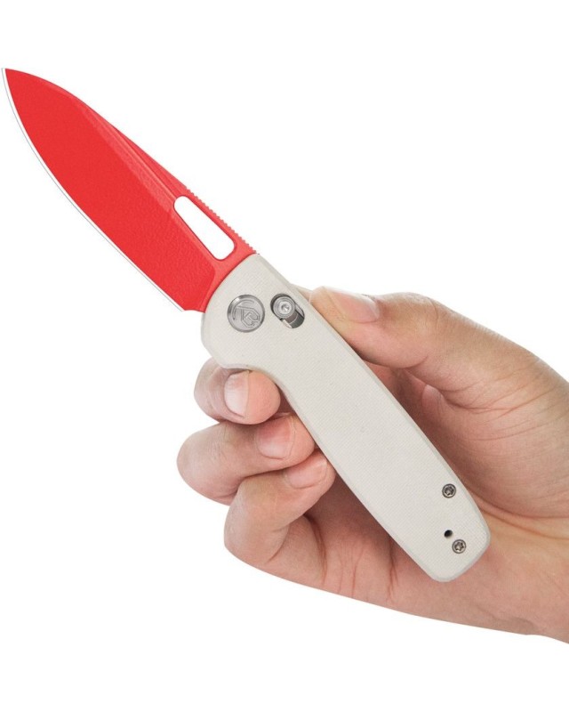 Bluff Axis Lock 14C28N steel blade Red Cerakote finish White G10 handle Bluff Axis Lock 14C28N steel blade Red Cerakote finish White G10 handle