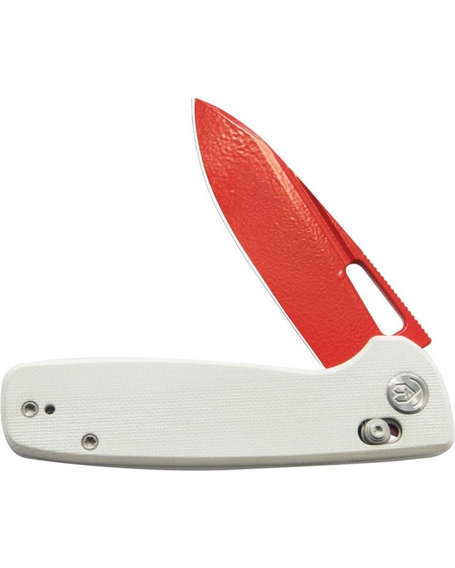 Bluff Axis Lock 14C28N steel blade Red Cerakote finish White G10 handle Bluff Axis Lock 14C28N steel blade Red Cerakote finish White G10 handle