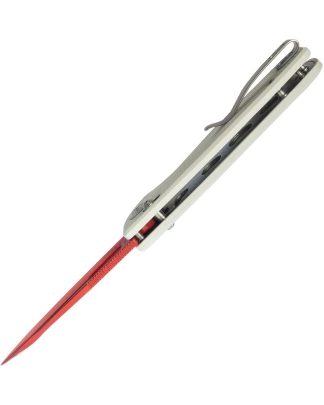 Bluff Axis Lock 14C28N steel blade Red Cerakote finish White G10 handle Bluff Axis Lock 14C28N steel blade Red Cerakote finish White G10 handle