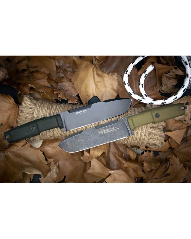 Ontos II Expeditions full tang N690 steel blackwash finish tan Forprene handle fire steel Ontos II Expeditions full tang N690 steel blackwash finish tan Forprene handle fire steel