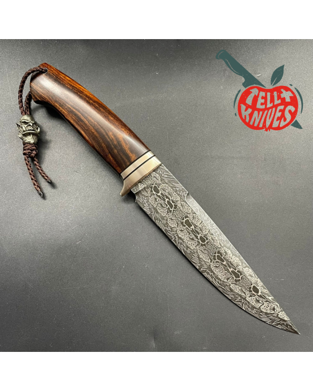 WOW Thrall Fighter Mosaic Damascus Arizona Ironwood handle brown leather sheath