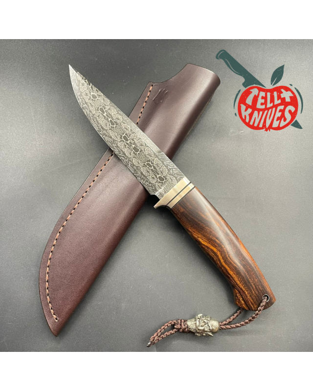 WOW Thrall Fighter Mosaic Damascus Arizona Ironwood handle brown leather sheath