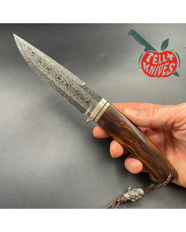 WOW Thrall Fighter Mosaic Damascus Arizona Ironwood handle brown leather sheath