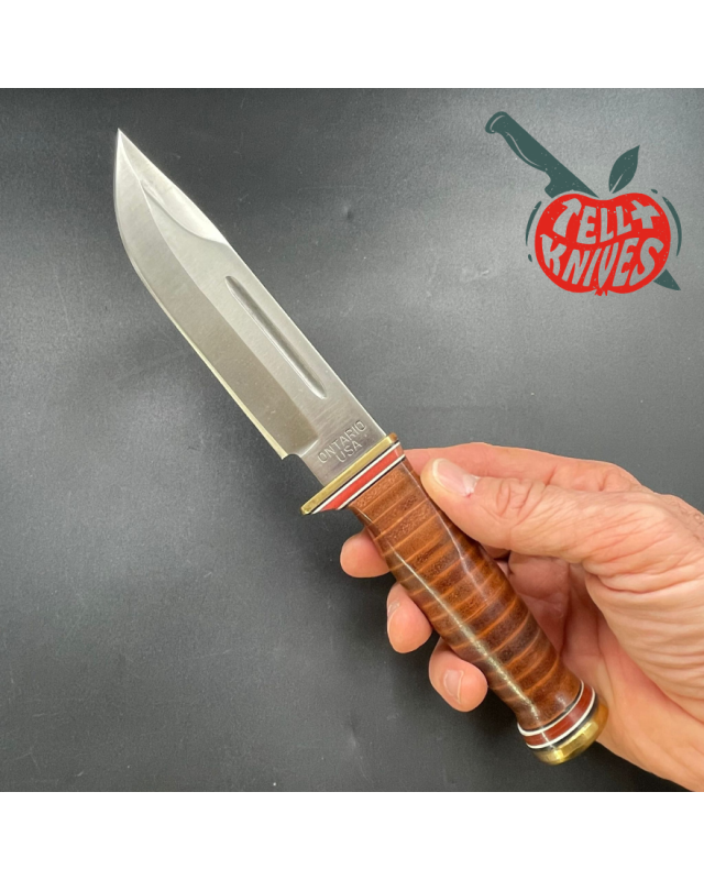 1995 ONTARIO USA - P3 Quartermaster 440A steel brass guard stacked leather brown leather sheath