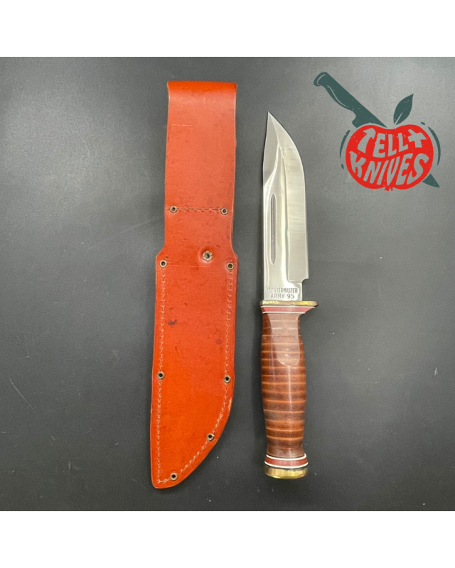 1995 ONTARIO USA - P3 Quartermaster 440A steel brass guard stacked leather brown leather sheath