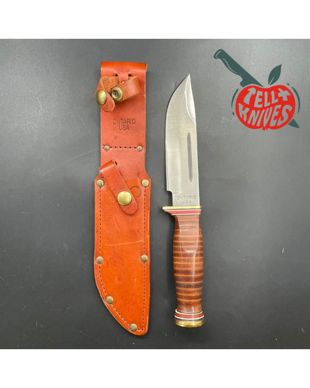 1995 ONTARIO USA - P3 Quartermaster 440A steel brass guard stacked leather brown leather sheath