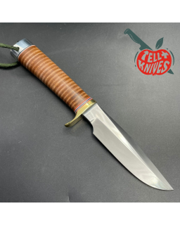 Model 5 - 5 Camp And Trail forged stainless steel stacked leather brass guard brown leather sheath with stone