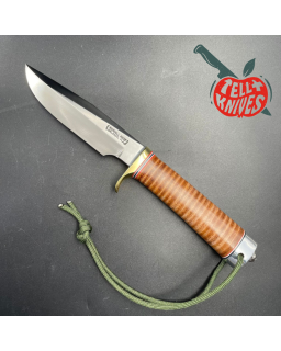 Model 5 - 5 Camp And Trail forged stainless steel stacked leather brass guard brown leather sheath with stone