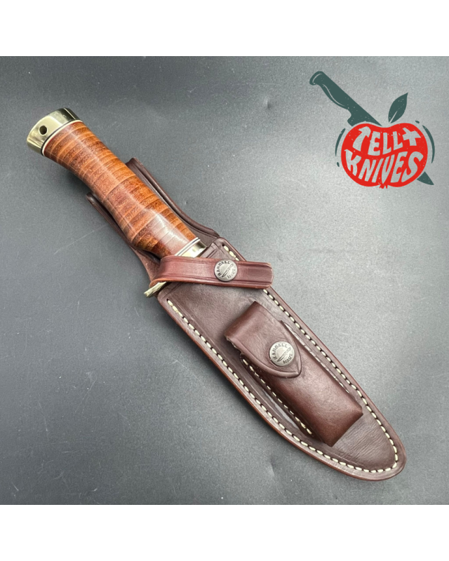 Model 5 - 6 Camp And Trail forged carbon steel stacked leather brass guard brown leather sheath with stone