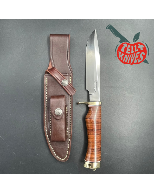 Model 5 - 6 Camp And Trail forged carbon steel stacked leather brass guard brown leather sheath with stone