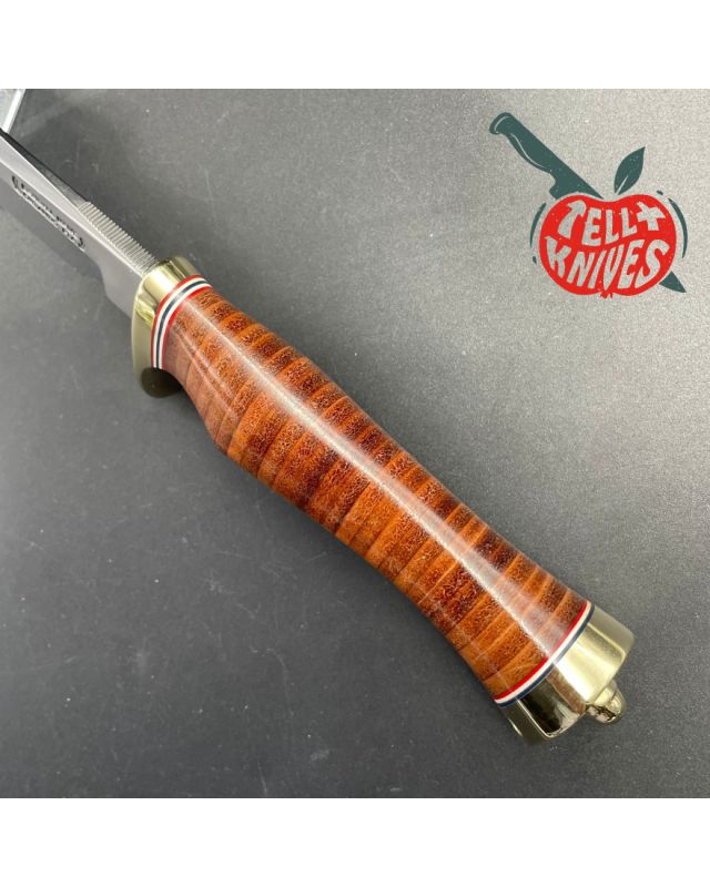 Model 5 - 6 Camp And Trail forged carbon steel stacked leather brass guard brown leather sheath with stone