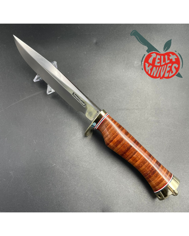 Model 5 - 6 Camp And Trail forged carbon steel stacked leather brass guard brown leather sheath with stone