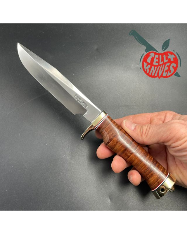 Model 5 - 6 Camp And Trail forged carbon steel stacked leather brass guard brown leather sheath with stone