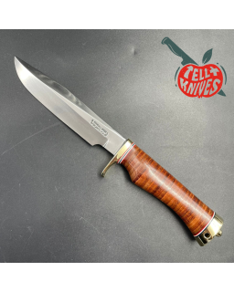 Model 5 - 6 Camp And Trail forged carbon steel stacked leather brass guard brown leather sheath with stone