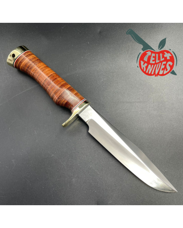 Model 5 - 6 Camp And Trail forged carbon steel stacked leather brass guard brown leather sheath with stone