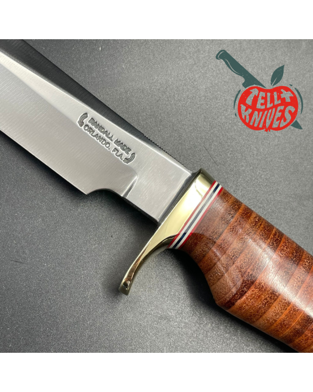 Model 5 - 6 Camp And Trail forged carbon steel stacked leather brass guard brown leather sheath with stone