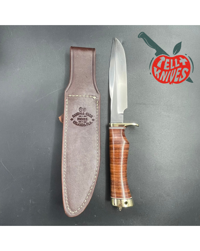 Model 5 - 6 Camp And Trail forged carbon steel stacked leather brass guard brown leather sheath with stone
