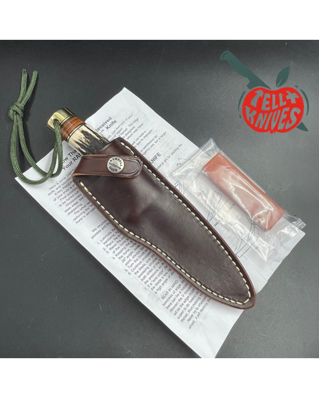 Model 26 - 4 Pathfinder forged carbon steel stag handle brass guard and pommel brown leather sheath with honing stone