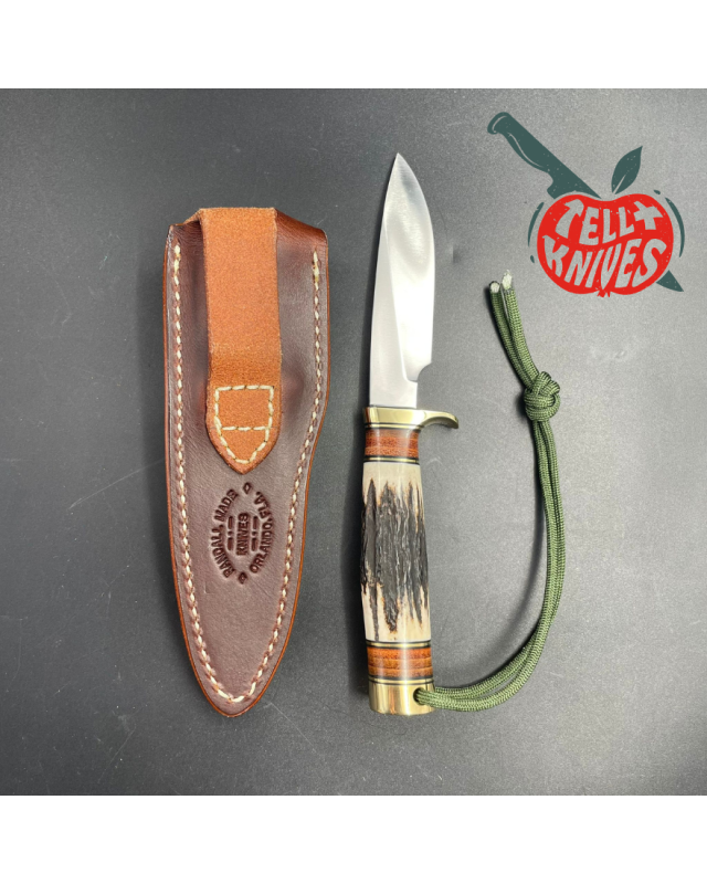 Model 26 - 4 Pathfinder forged carbon steel stag handle brass guard and pommel brown leather sheath with honing stone