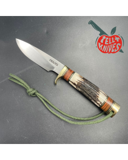 Model 26 - 4 Pathfinder forged carbon steel stag handle brass guard and pommel brown leather sheath with honing stone