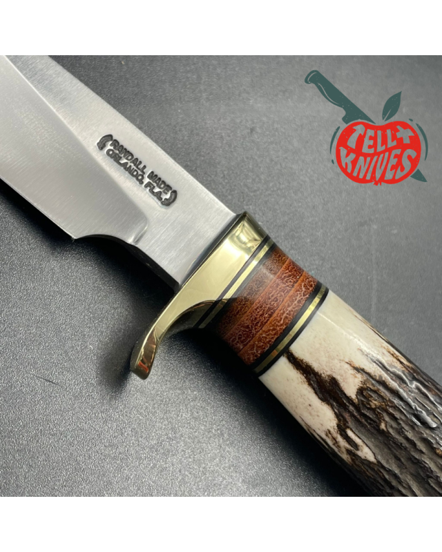 Model 26 - 4 Pathfinder forged carbon steel stag handle brass guard and pommel brown leather sheath with honing stone