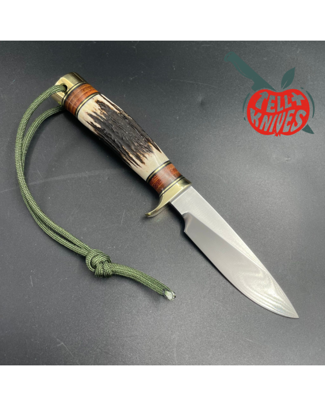 Model 26 - 4 Pathfinder forged carbon steel stag handle brass guard and pommel brown leather sheath with honing stone
