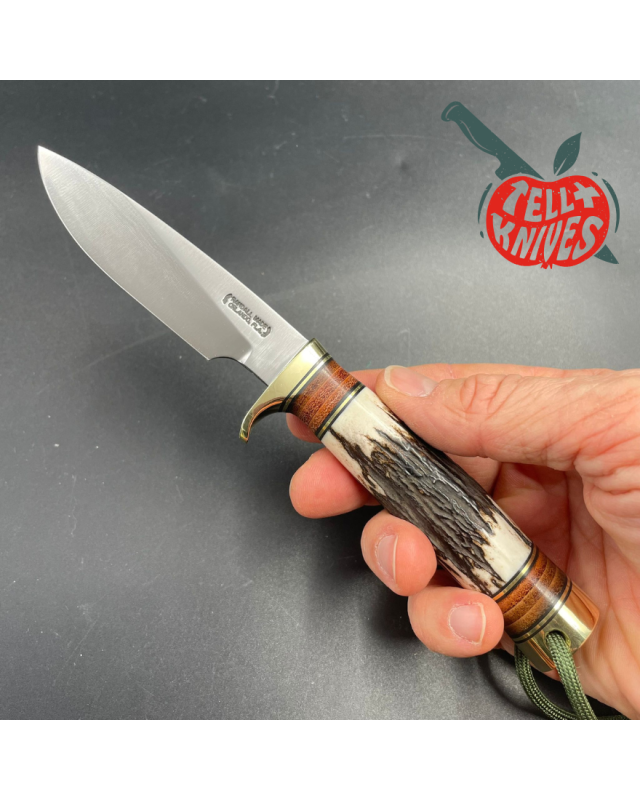 Model 26 - 4 Pathfinder forged carbon steel stag handle brass guard and pommel brown leather sheath with honing stone