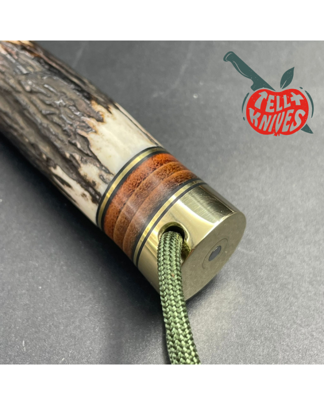 Model 26 - 4 Pathfinder forged carbon steel stag handle brass guard and pommel brown leather sheath with honing stone