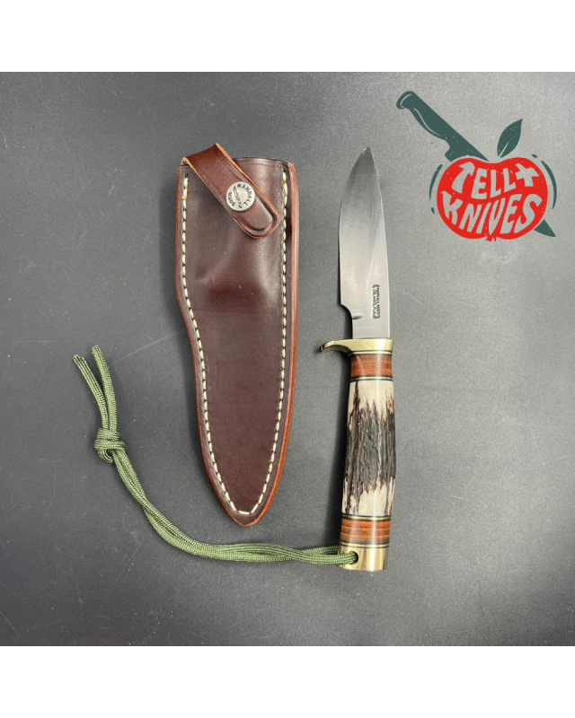 Model 26 - 4 Pathfinder forged carbon steel stag handle brass guard and pommel brown leather sheath with honing stone