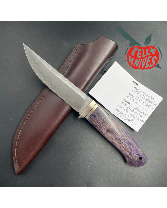 S390 Damascus Blade Purple Karelian Birch wood handle brown leather sheath
