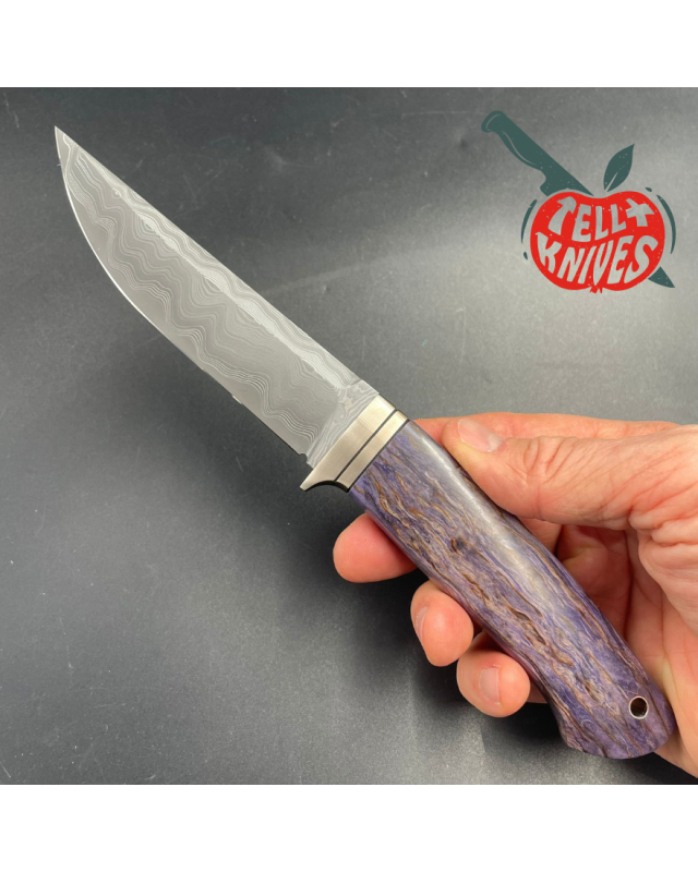 S390 Damascus Blade Purple Karelian Birch wood handle brown leather sheath