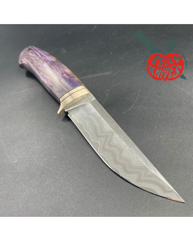 S390 Damascus Blade Purple Karelian Birch wood handle brown leather sheath