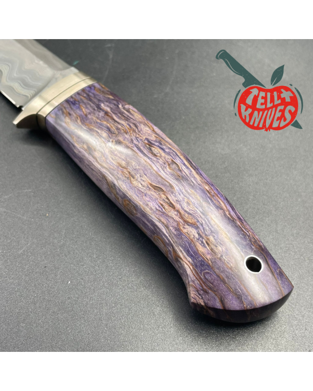 S390 Damascus Blade Purple Karelian Birch wood handle brown leather sheath