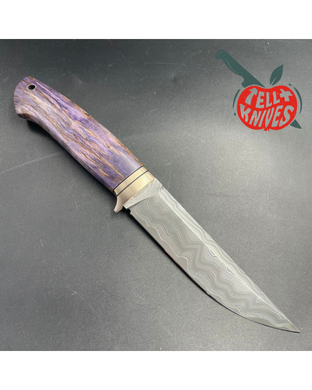 S390 Damascus Blade Purple Karelian Birch wood handle brown leather sheath