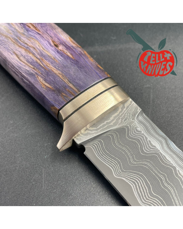 S390 Damascus Blade Purple Karelian Birch wood handle brown leather sheath