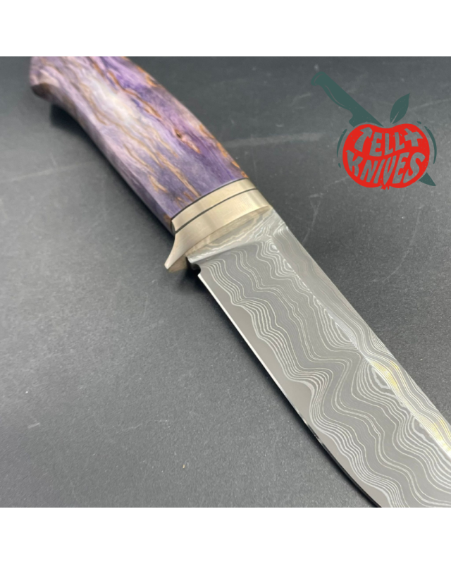 S390 Damascus Blade Purple Karelian Birch wood handle brown leather sheath