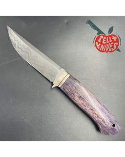S390 Damascus Blade Purple Karelian Birch wood handle brown leather sheath