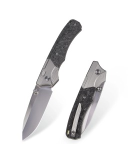 M390 premium steel Stonewash finish Titanium and Carbon Fiber Handle Button Lock