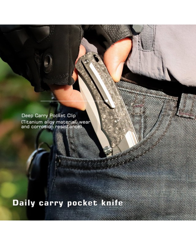 M390 premium steel Stonewash finish Titanium and Carbon Fiber Handle Button Lock M390 premium steel Stonewash finish Titanium and Carbon Fiber Handle Button Lock