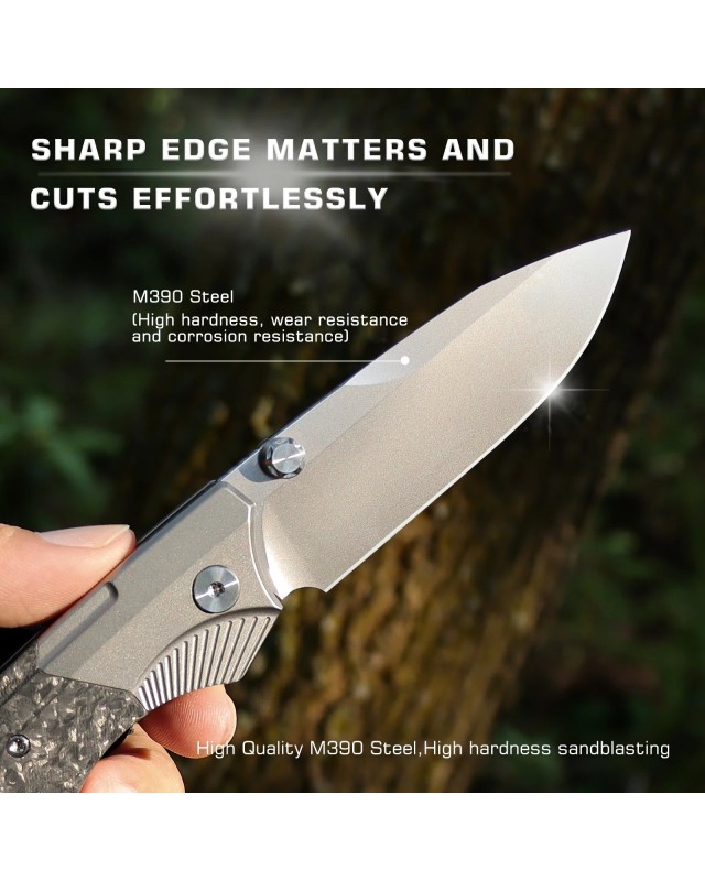 M390 premium steel Stonewash finish Titanium and Carbon Fiber Handle Button Lock M390 premium steel Stonewash finish Titanium and Carbon Fiber Handle Button Lock
