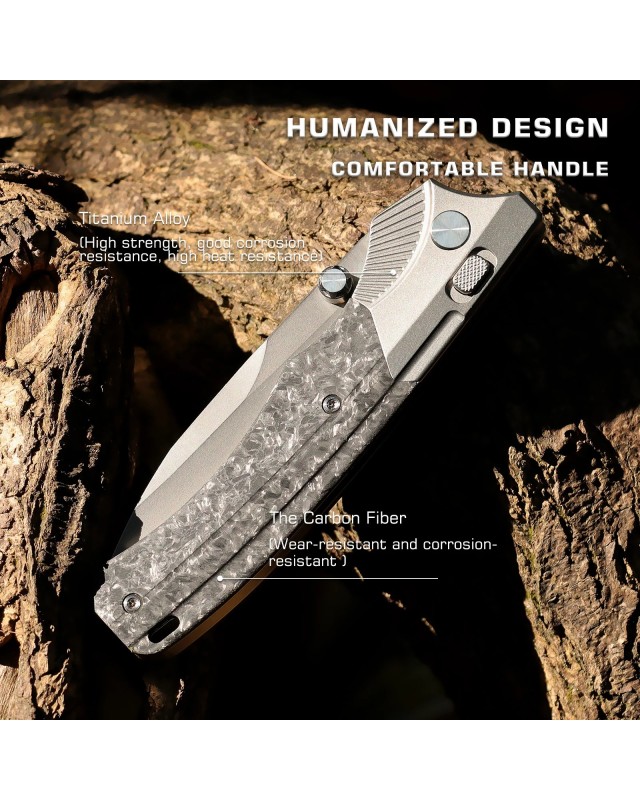 M390 premium steel Stonewash finish Titanium and Carbon Fiber Handle Button Lock M390 premium steel Stonewash finish Titanium and Carbon Fiber Handle Button Lock