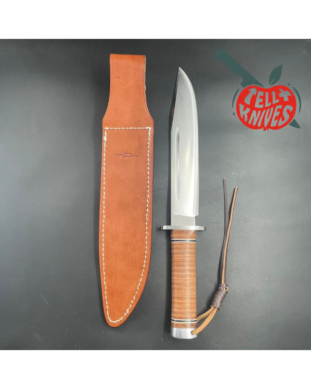 Hattori 160-1 Big Bowie Hunter I AUS-6 steel stacked leather handle brown leather sheath